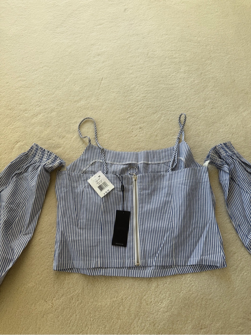 Joe's Jeans Blue and White Striped Off-Shoulder Crop Top with Front Zip